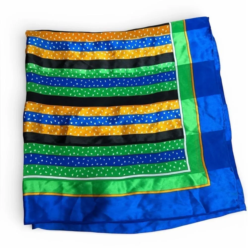 YSL Vintage 100% Silk Blue Green Black Yellow Striped Square Scarf